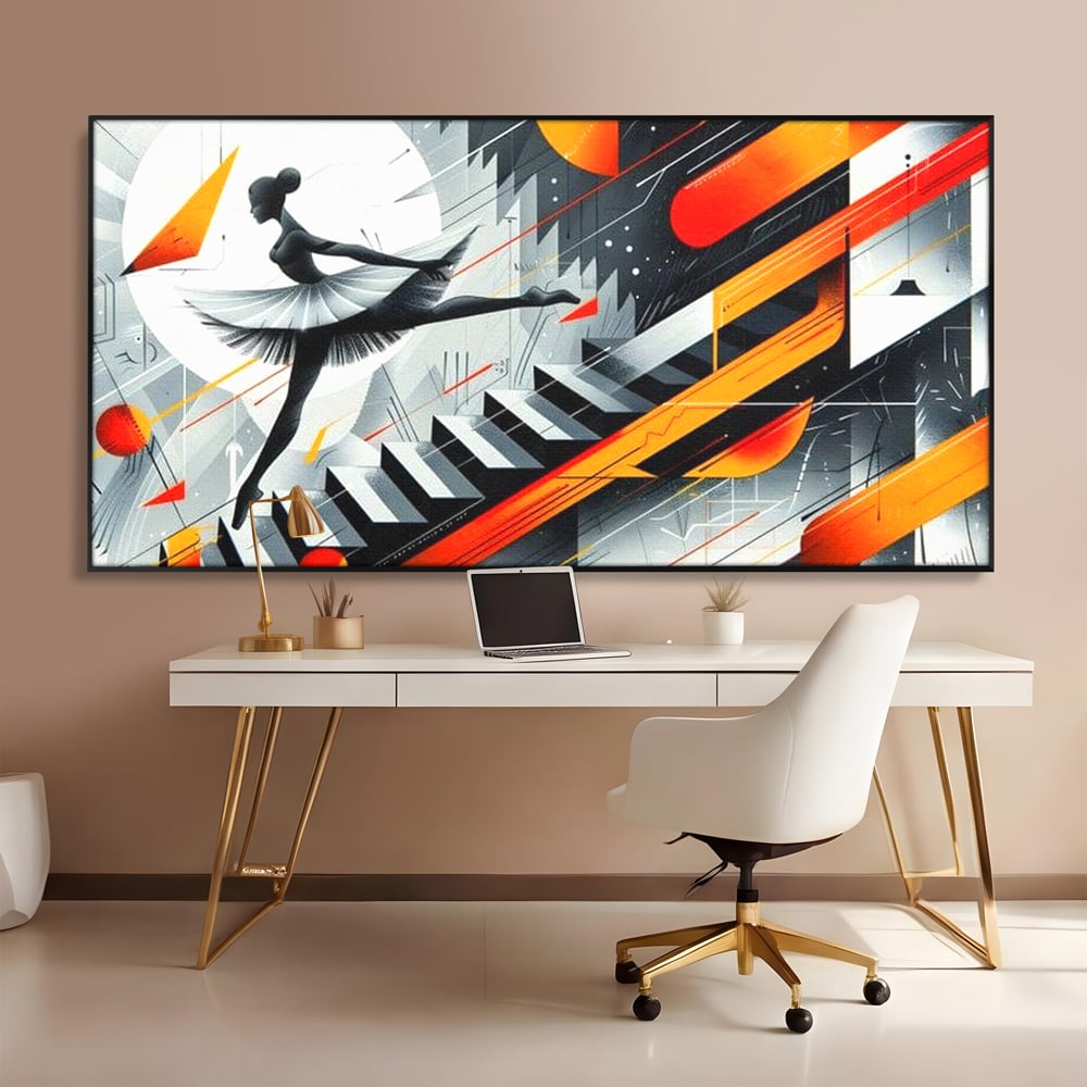 Tablou canvas cu tablou canvas cu balerina pe scari si cosmos, in rama de aluminiu negru, pe perete intr-un birou